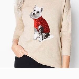 J.Jill Loose Fit Long Sleeve Sweater Beige With Schnauzer Dog Size Large 